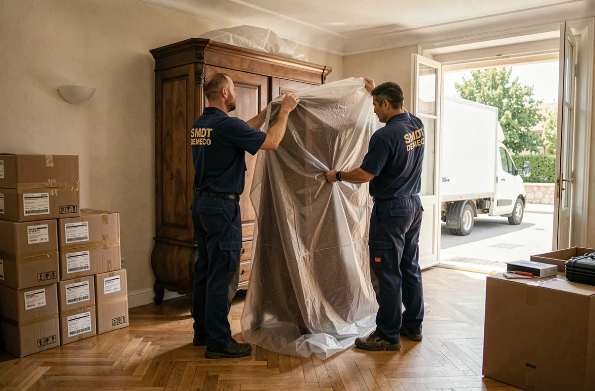 Déménageurs SMDT DEMECO emballant des meubles dans un appartement de Montpellier