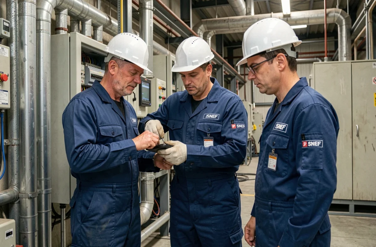 &Eacute;quipe d'&eacute;lectriciens SNEF travaillant sur une armoire &eacute;lectrique industrielle pr&egrave;s d'Argenteuil
