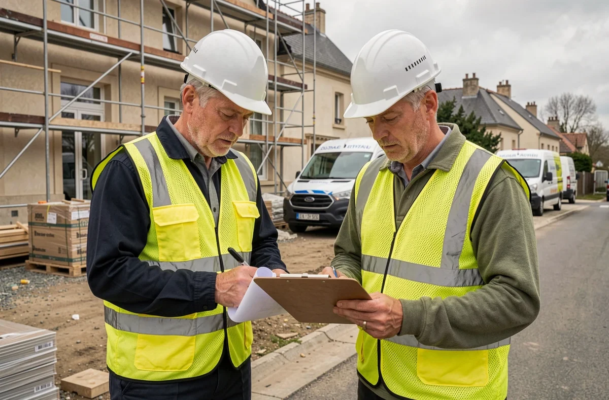 &Eacute;quipe de la Soci&eacute;t&eacute; Nationale du B&acirc;timent supervisant un chantier de r&eacute;novation &eacute;lectrique en banlieue parisienne