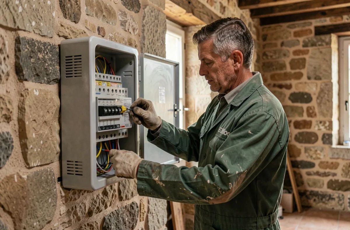 &Eacute;lectricien de la Soci&eacute;t&eacute; Nouvelle Electricit&eacute; Pessacaise rempla&ccedil;ant un ancien tableau &eacute;lectrique