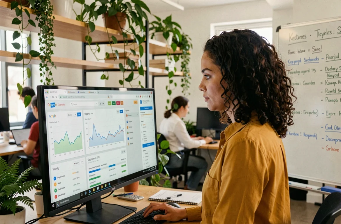 Spécialiste SEO de Sorank analysant la visibilité e-commerce d'une boutique Shopify sur des tableaux de bord analytiques