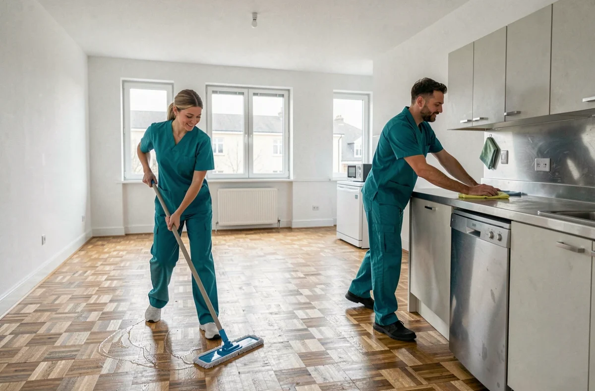 Duo de SOS D&eacute;barras Nettoyage effectuant un nettoyage professionnel dans un appartement vid&eacute;