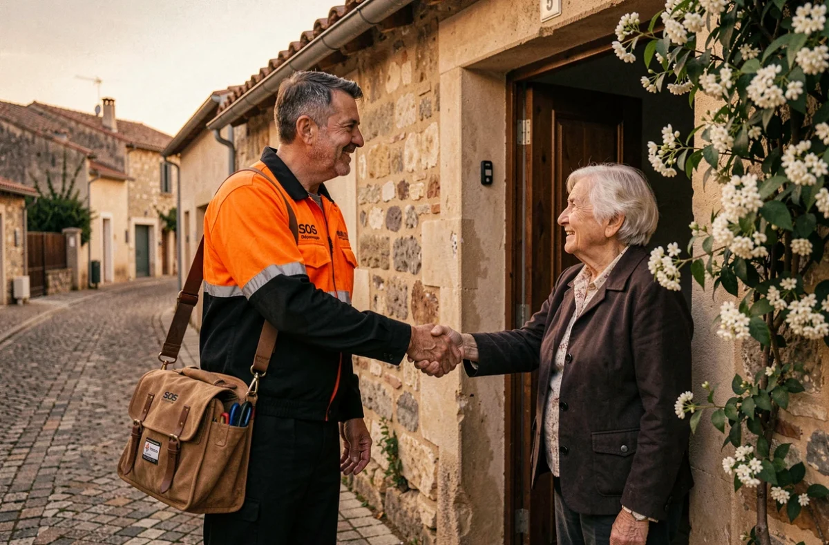 Technicien SOS Occitanie D&eacute;pannage arrivant en urgence et saluant une r&eacute;sidente &acirc;g&eacute;e devant sa porte dans un quartier occitan