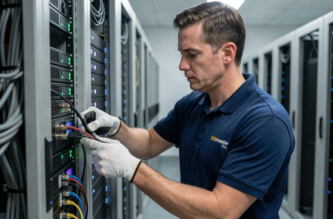 Technicien SOSmaster Pro raccordant un système NVR dans une salle serveur professionnelle