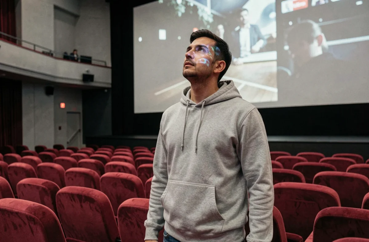 Homme admirant un film Spider-Man dans une grande salle de cin&eacute;ma vide, &eacute;voquant l'exp&eacute;rience cin&eacute;matographique de Mary Jane compar&eacute;e &agrave; son incarnation dans les comics