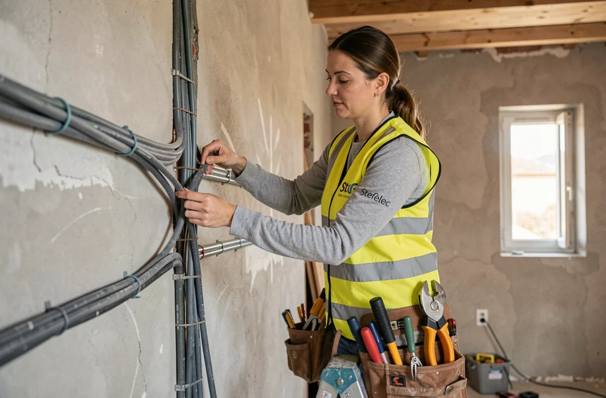 &Eacute;lectricienne de Stef'&eacute;lec installant des c&acirc;bles &eacute;lectriques dans une maison neuve dans le Gers