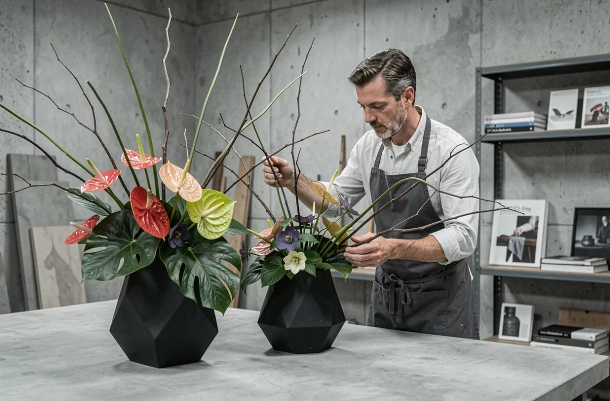 Atelier floral de St&eacute;phane Chapelle avec des compositions sculpturales d'anthuriums et feuilles tropicales dans des vases noirs g&eacute;om&eacute;triques sur un plan de travail en b&eacute;ton brut