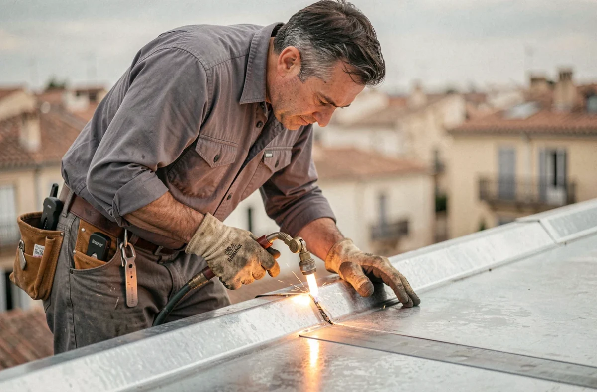 Artisan couvreur zingueur réalisant une soudure sur un joint en zinc en toiture à Montpellier