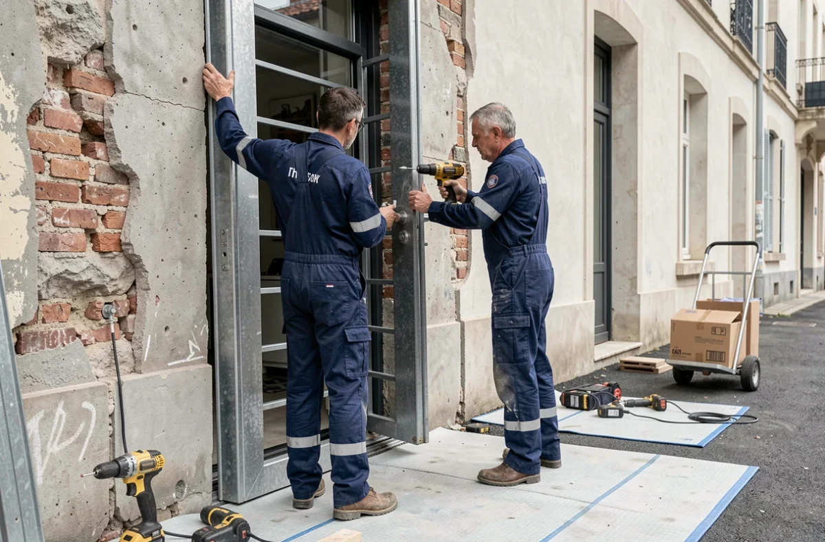 Deux techniciens de STL Serrurerie SARL installant une porte blindée dans un bâtiment commercial