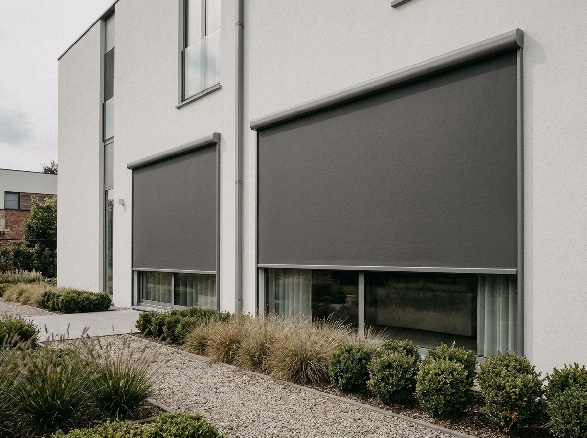 Store zip ext&eacute;rieur anthracite d&eacute;ploy&eacute; sur fa&ccedil;ade de maison contemporaine avec grandes baies vitr&eacute;es et jardin minimaliste