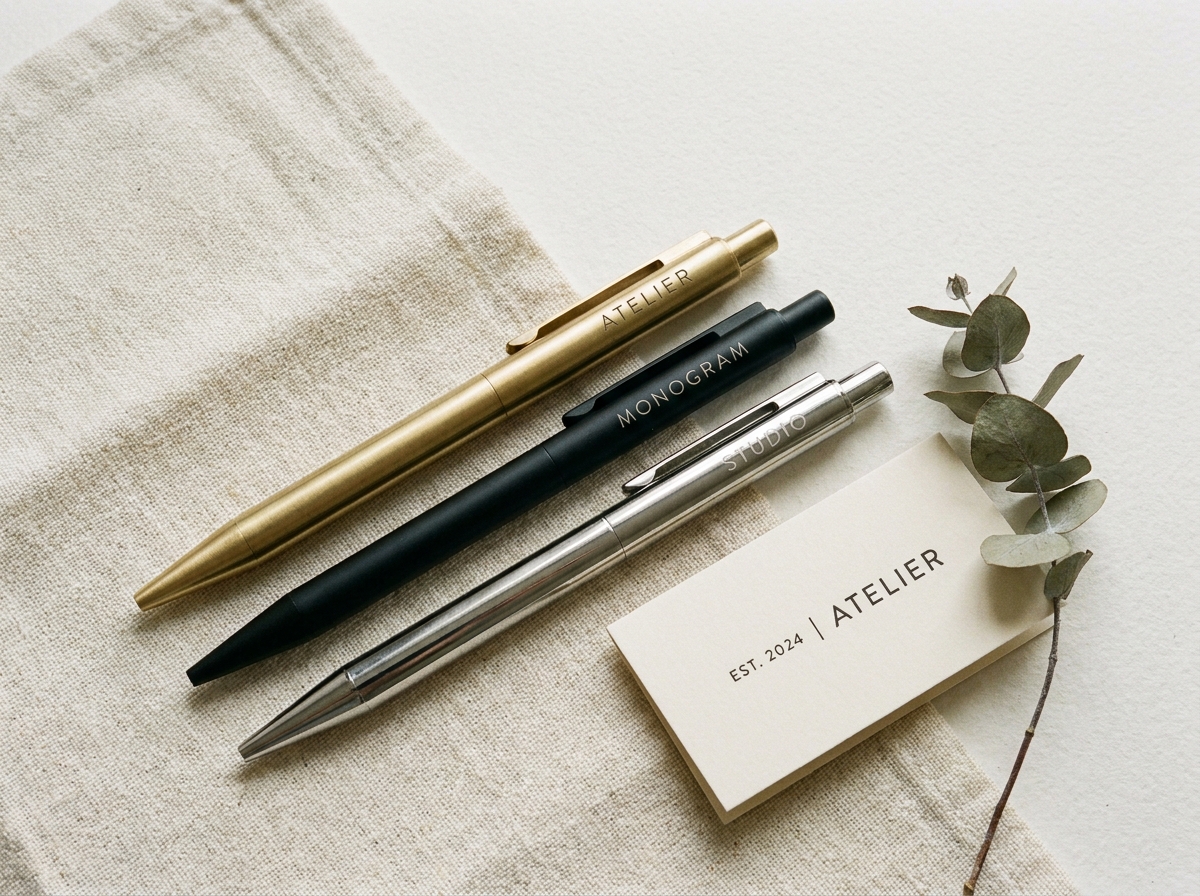 Flat lay de stylos personnalisés avec logo gravé sur fond lin crème pour identité de marque