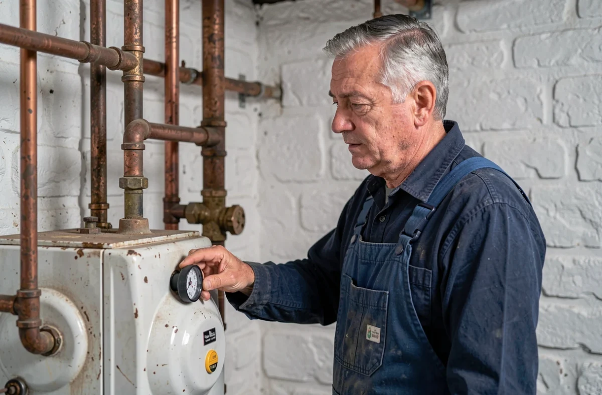 Chauffagiste exp&eacute;riment&eacute; Sudre G&eacute;rard Ets inspectant une ancienne chaudi&egrave;re dans une maison traditionnelle du Tarn