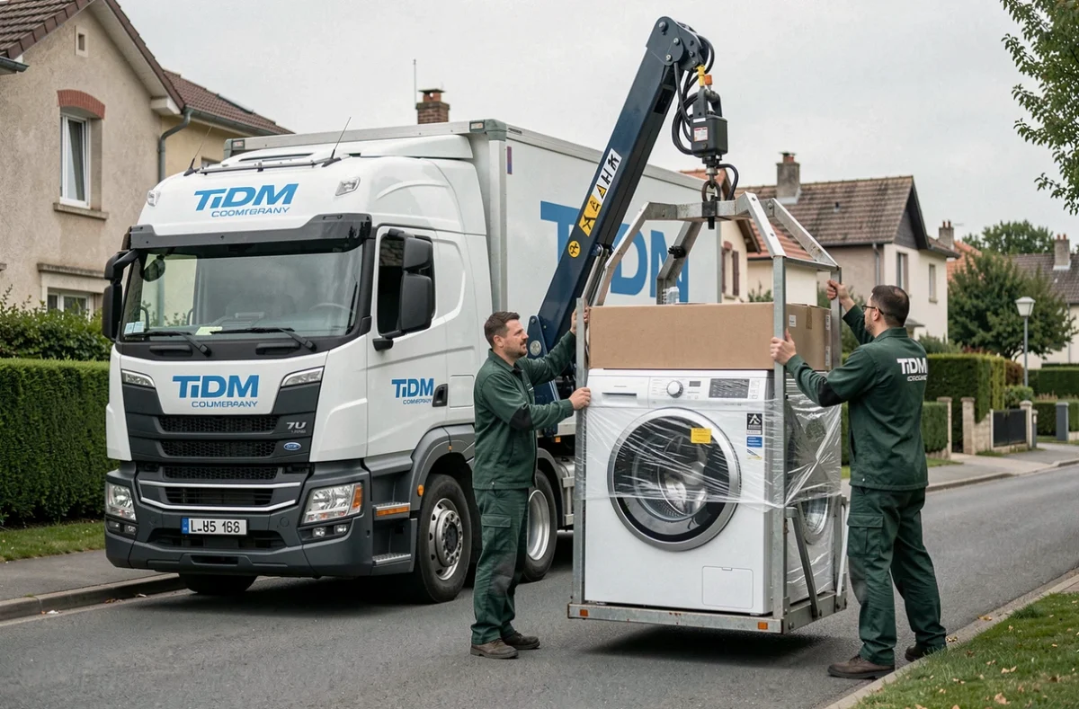 Camion et d&eacute;m&eacute;nageurs TDM utilisant un monte-charge pour transporter des appareils &eacute;lectrom&eacute;nagers