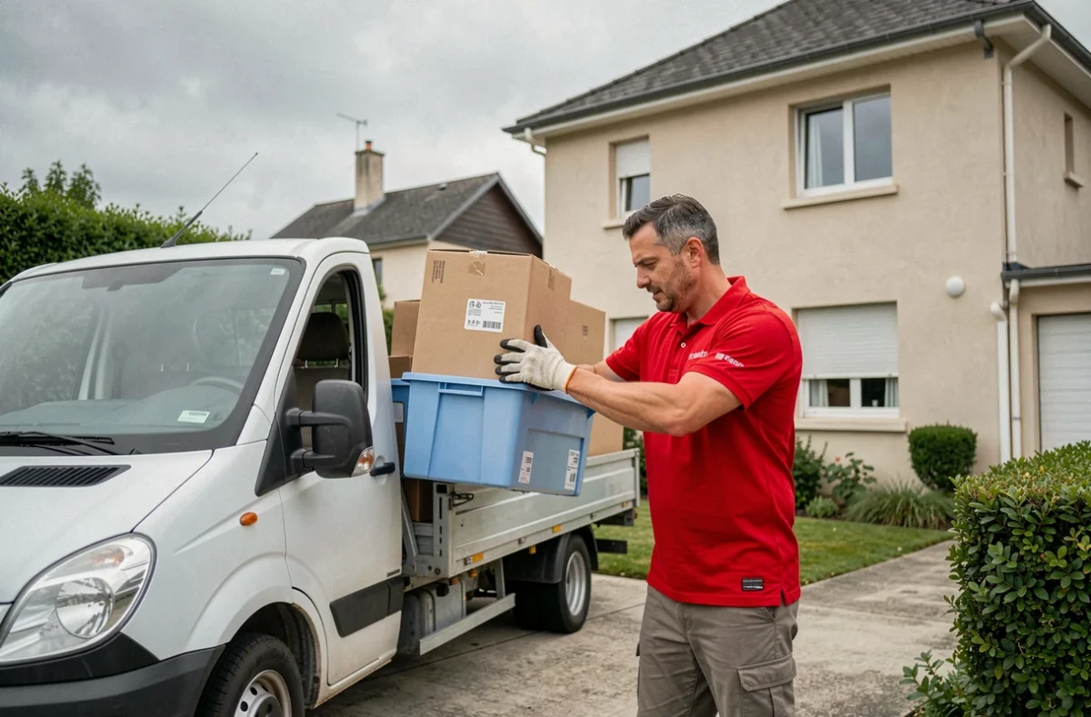 D&eacute;m&eacute;nageur de TDS D&eacute;m&eacute;nagement chargeant des bo&icirc;tes et des bacs dans un camion blanc devant une maison pavillonnaire