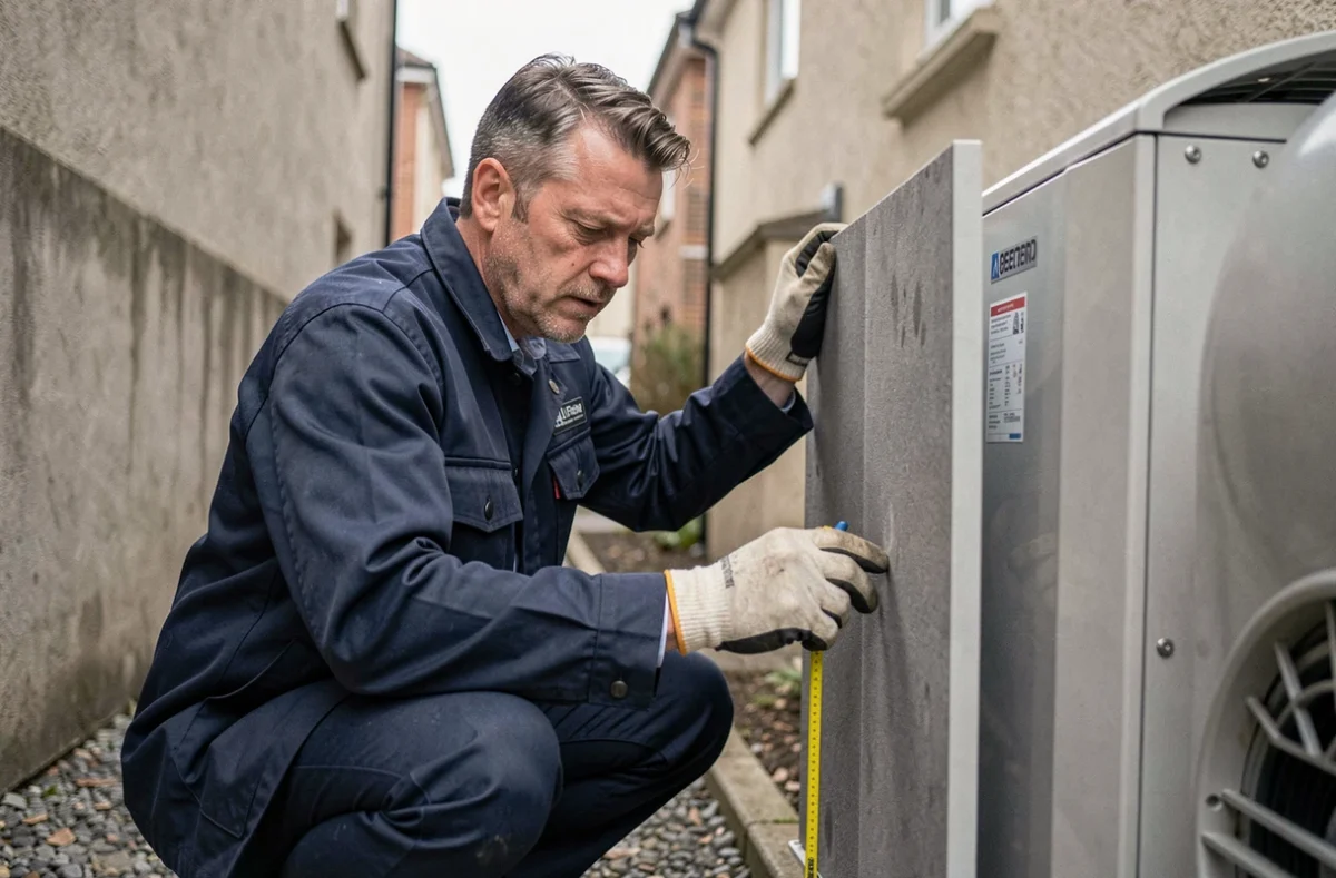 Technicien inspectant un écran acoustique installé près d'une pompe à chaleur