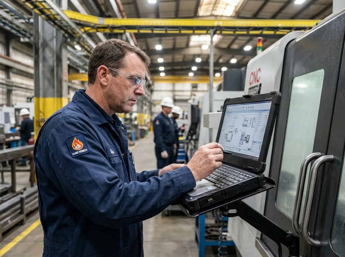 Technicien utilisant un ordinateur durci fixé sur bras articulé dans un atelier de machines industrielles