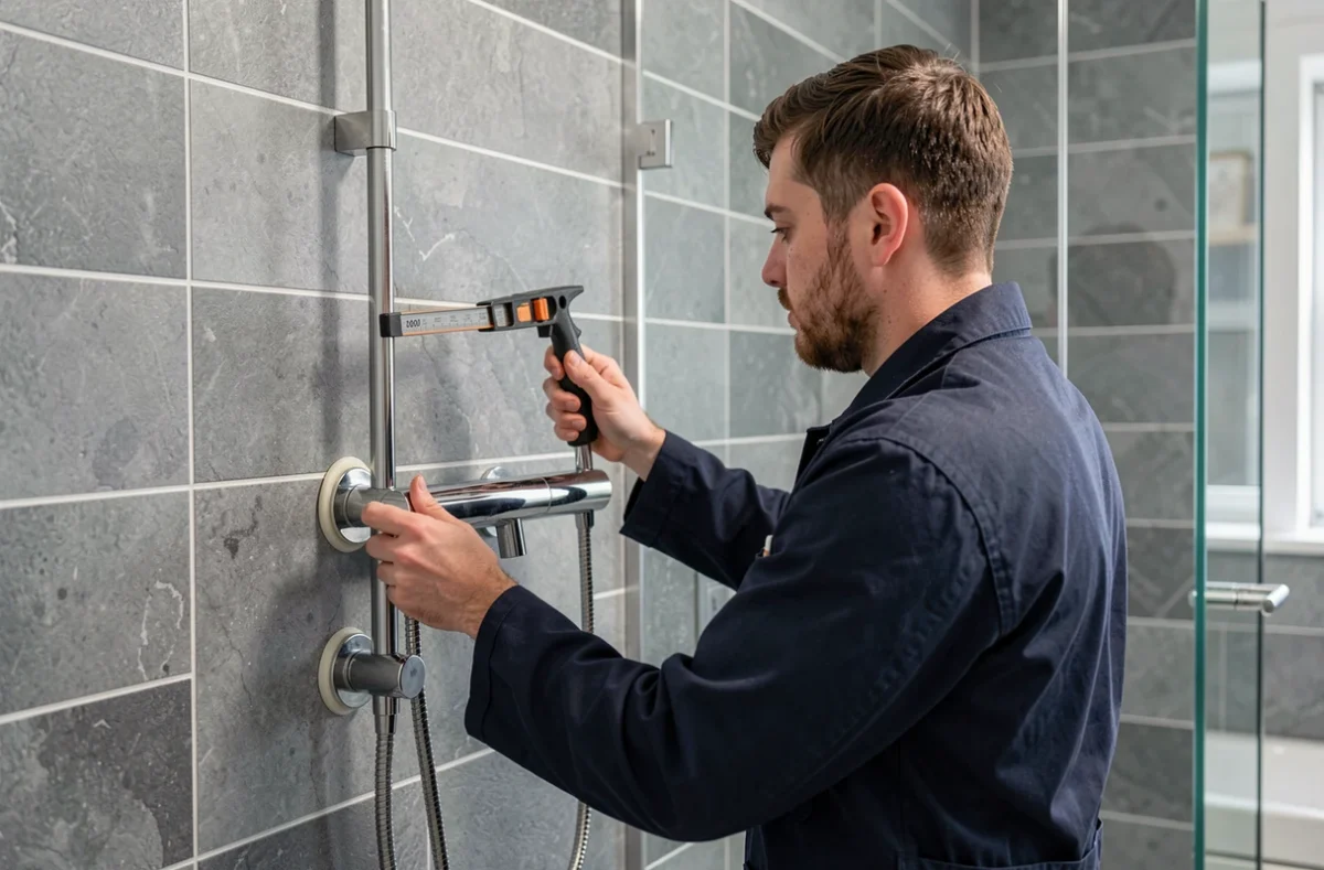 Thibault Fonteny posant une colonne de douche thermostatique dans une salle de bain r&eacute;nov&eacute;e aux grands carreaux gris