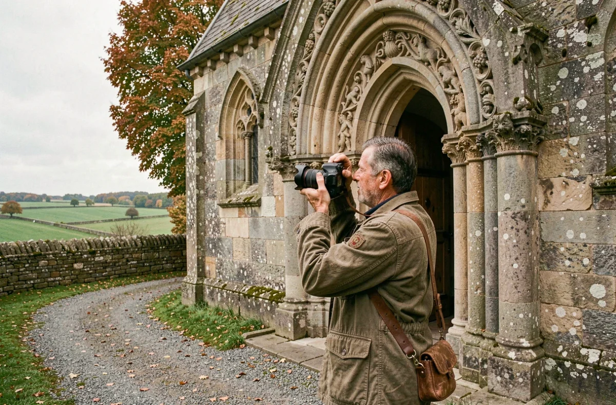 Photographe documentant la façade sculptée d'une chapelle romane en granit dans la campagne bretonne, représentant le travail patrimonial de Thierry Méléard en Ille-et-Vilaine