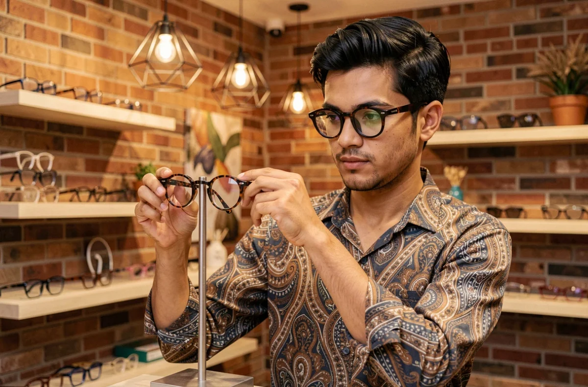 Opticien cr&eacute;ateur Thomas & Co. Vaudrel &agrave; &Eacute;vreux ajustant une monture design dans une boutique aux murs en brique apparente