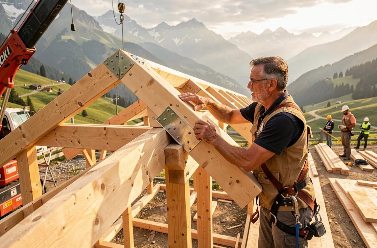 Chef de chantier Toits et Charpentes Domenget supervisant la pose d'une charpente bois sur un chalet neuf en Savoie