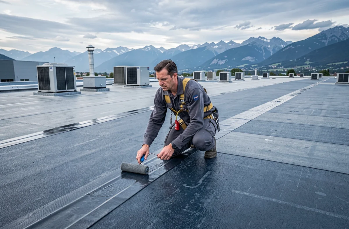 Technicien de Toiture Net Is&egrave;re appliquant une membrane imperm&eacute;abilisante sur un toit plat commercial pr&egrave;s de Grenoble