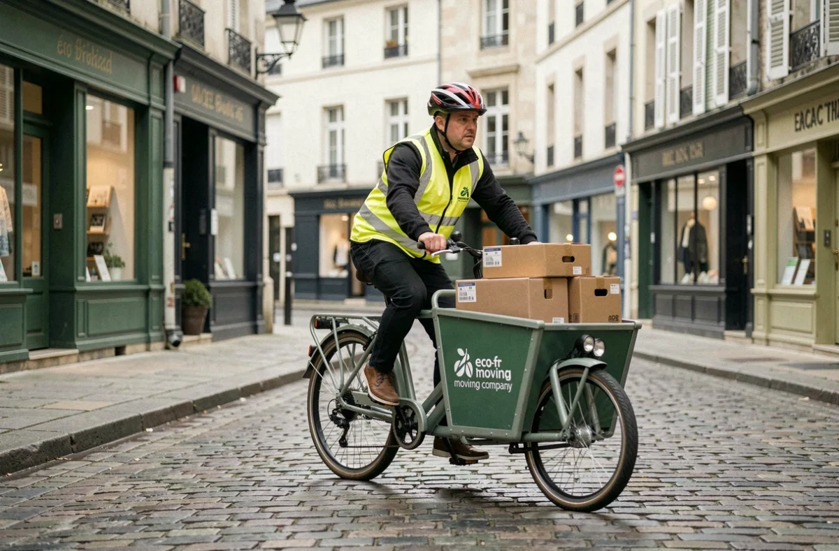 Livreur &agrave; v&eacute;lo cargo transportant des cartons pour un d&eacute;m&eacute;nagement &eacute;cologique en ville