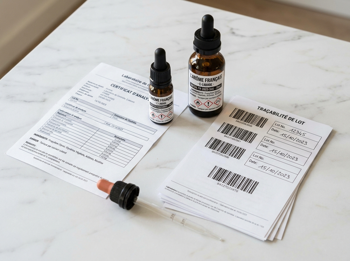 Flacons d'e-liquide fran&ccedil;ais avec &eacute;tiquetage r&eacute;glementaire, certificat d'analyse et fiche de tra&ccedil;abilit&eacute; sur fond marbre blanc