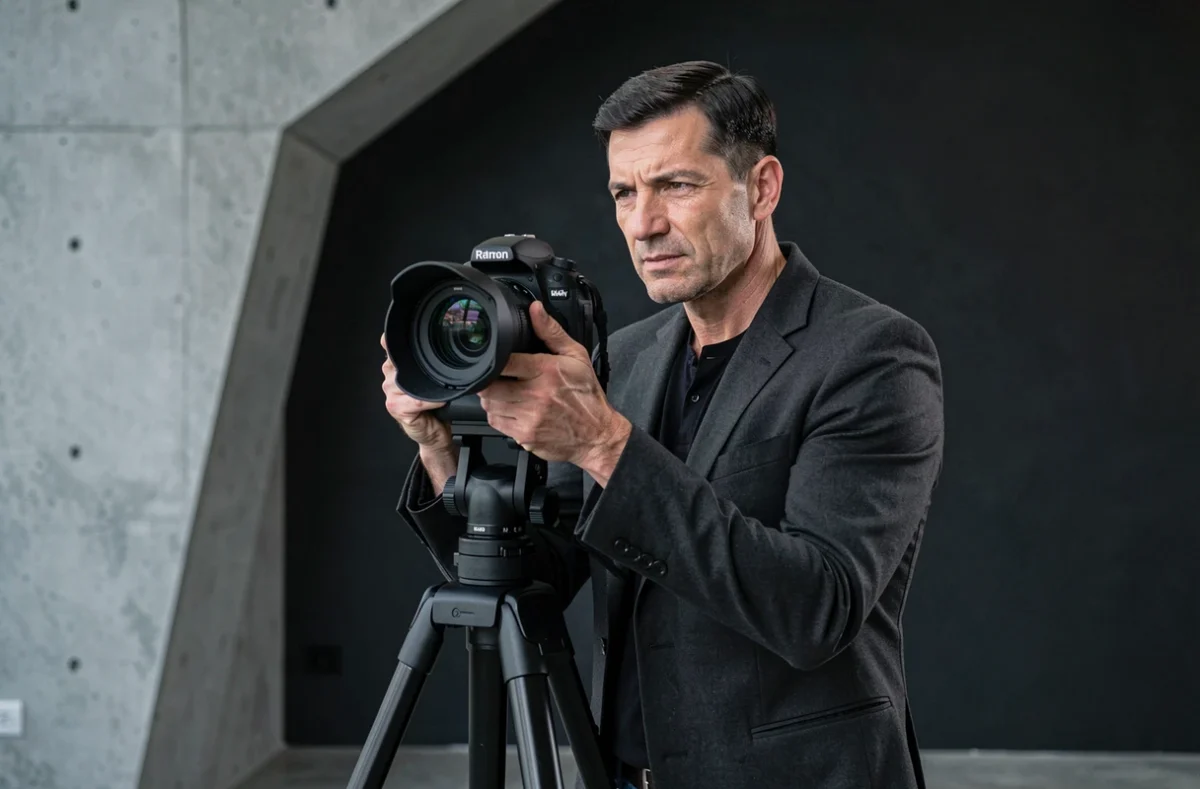 Udi Kivity photographe portrait debout derri&egrave;re son tr&eacute;pied dans un studio moderne aux murs en b&eacute;ton &agrave; Nantes