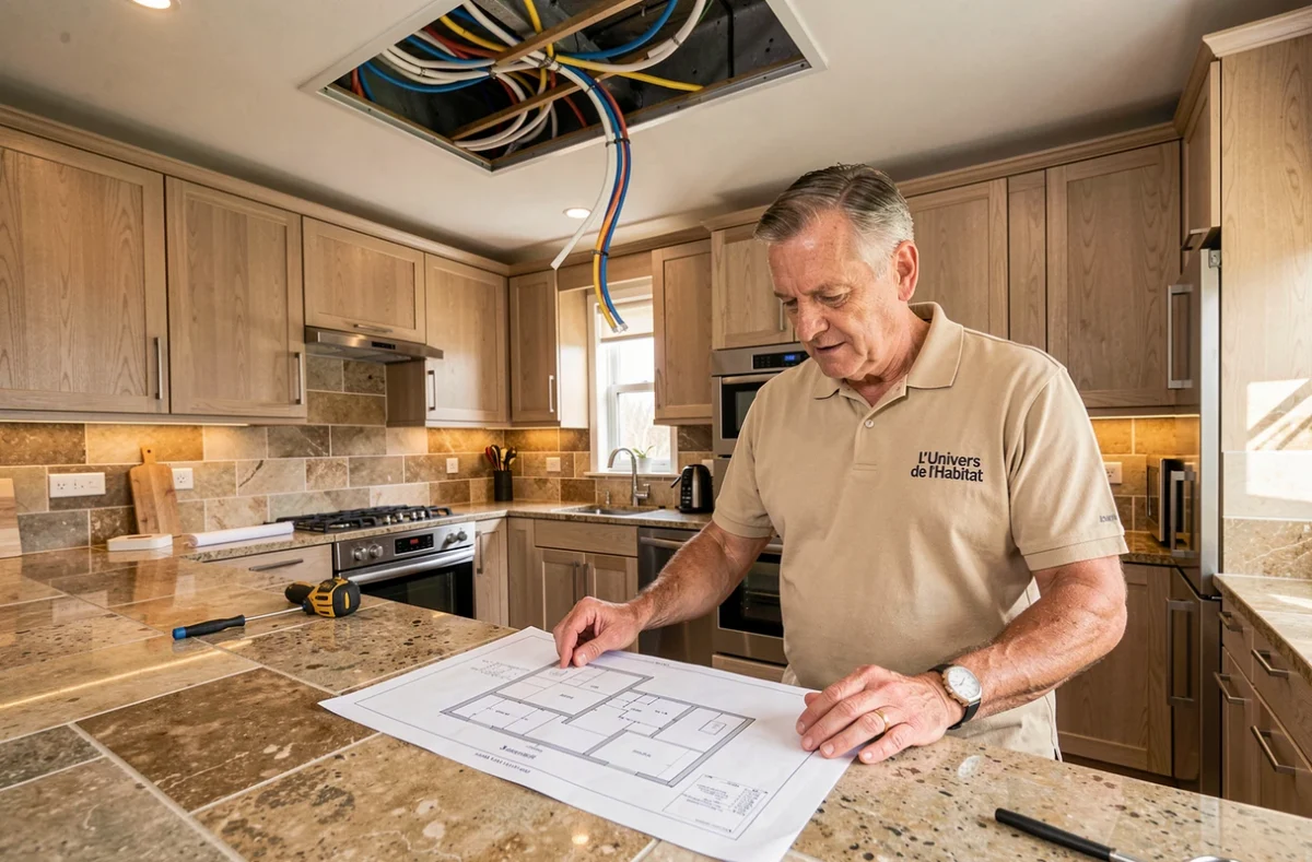 Expert de L'Univers de l'Habitat consultant des plans de r&eacute;novation &eacute;lectrique dans une cuisine moderne &agrave; Montpellier