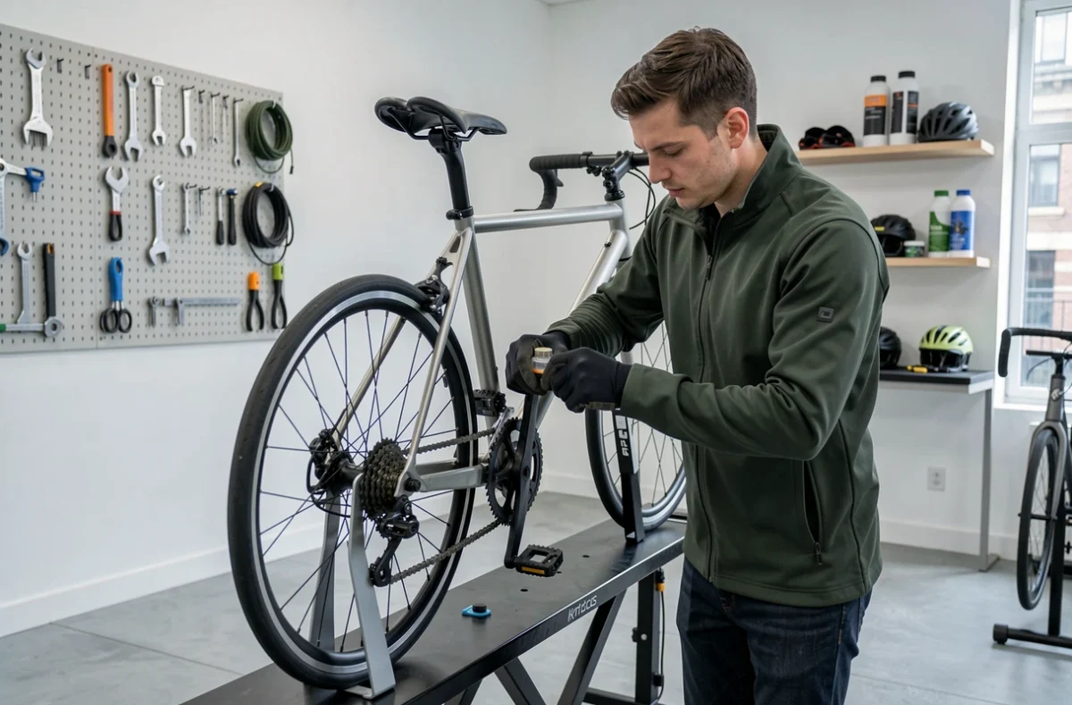 Sp&eacute;cialiste d'Urban Cycle Nantes pr&eacute;parant et entretenant un v&eacute;lo fixie urbain dans un atelier contemporain nantais