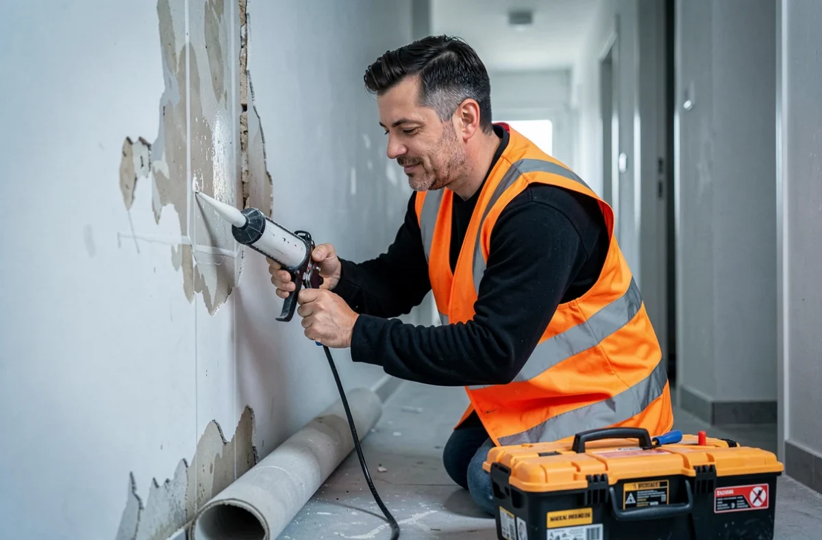 Technicien d'Urgence Bâtiment colmatant une fuite dans une paroi d'un appartement en Charente