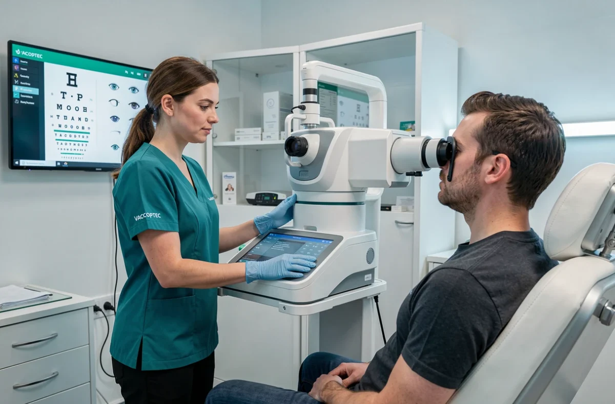 Opticienne de Vacoptec utilisant un &eacute;quipement de r&eacute;fraction automatis&eacute; moderne lors d'un examen de vue en cabinet