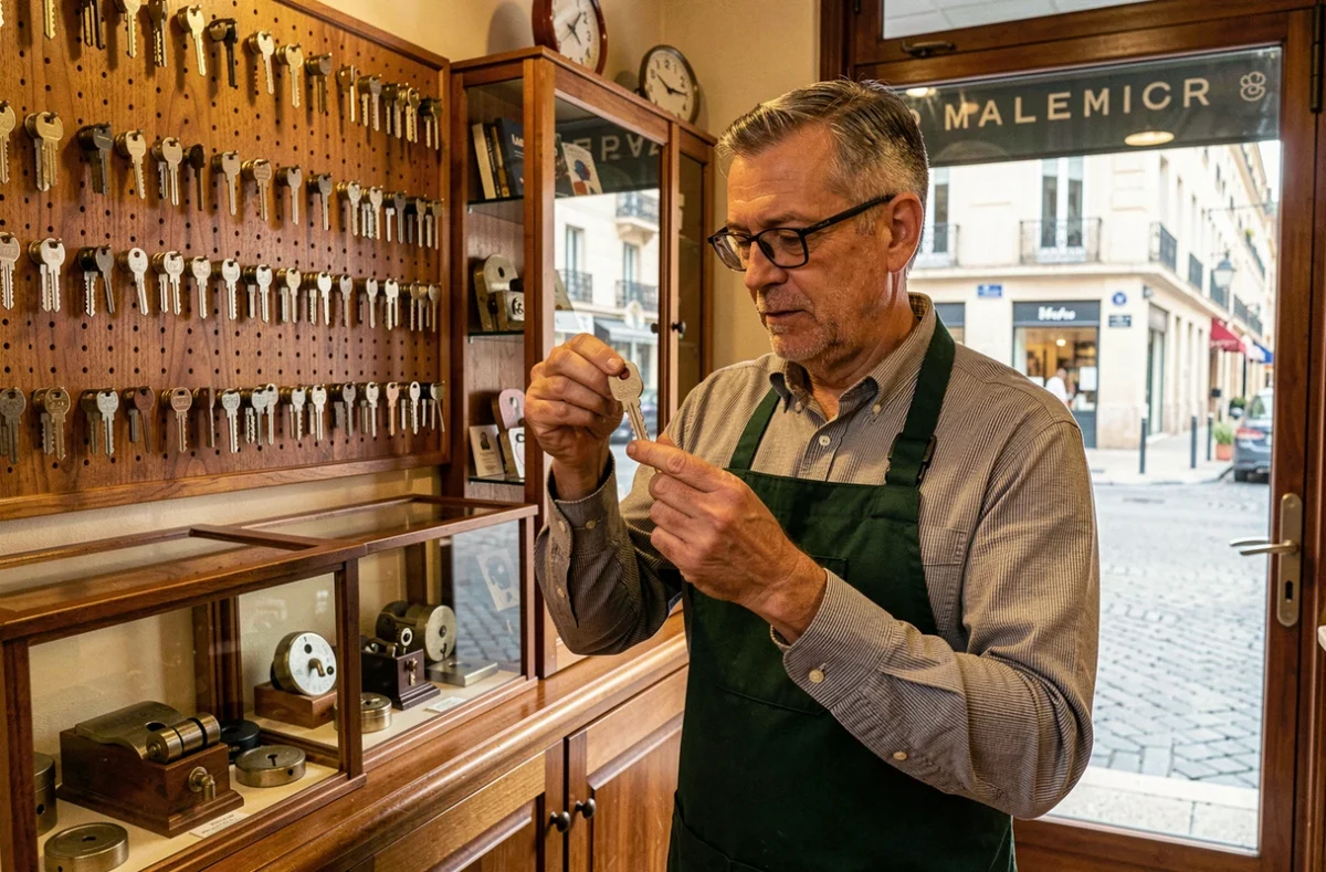 Sp&eacute;cialiste cl&eacute;s Vauquier La Boutique &agrave; Clefs &agrave; Montpellier tenant une cl&eacute; fra&icirc;chement d&eacute;coup&eacute;e dans sa boutique traditionnelle
