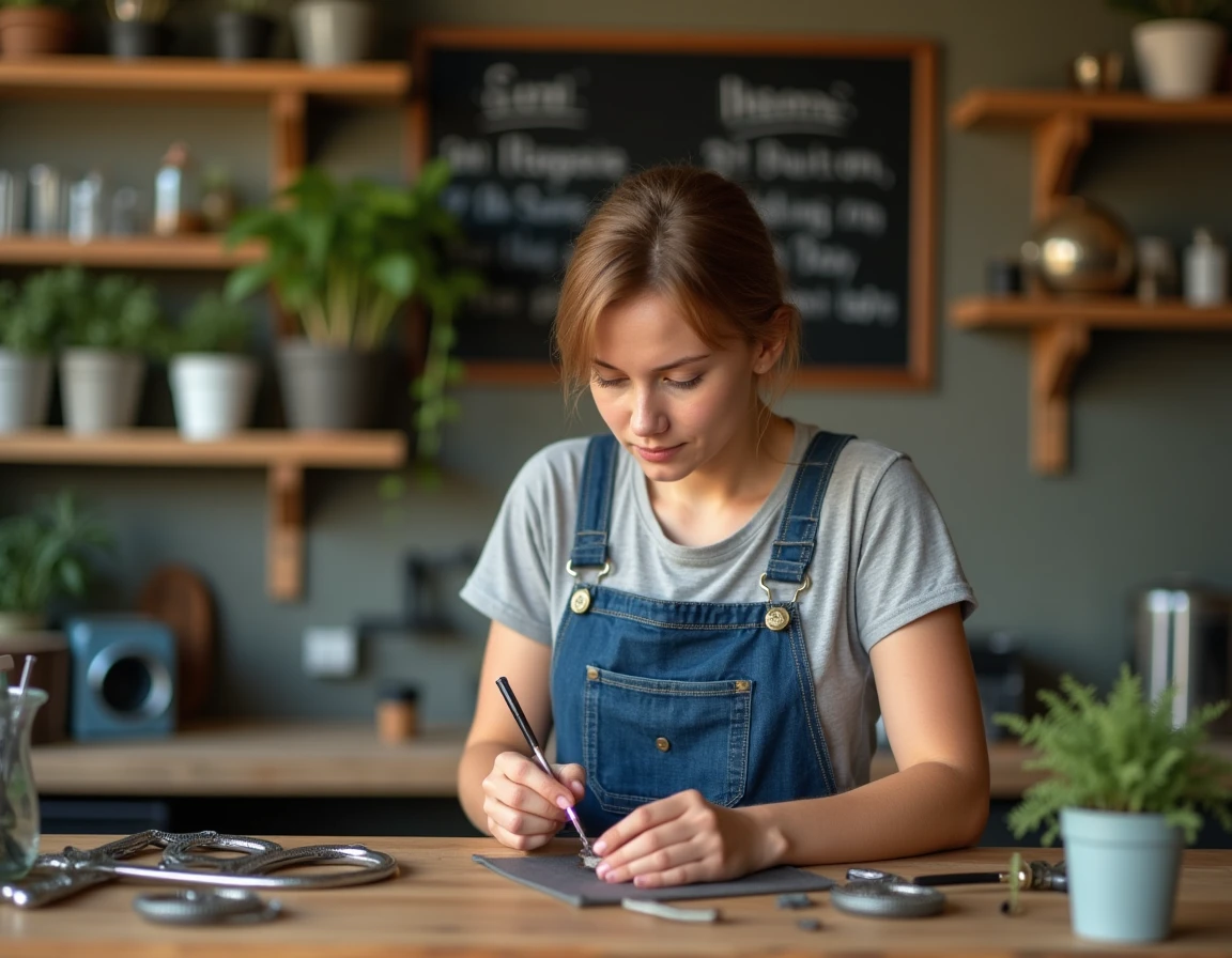 Mécanicienne de Vélo Sapiens travaillant sur un vélo dans un atelier-café écoresponsable au décor chaleureux