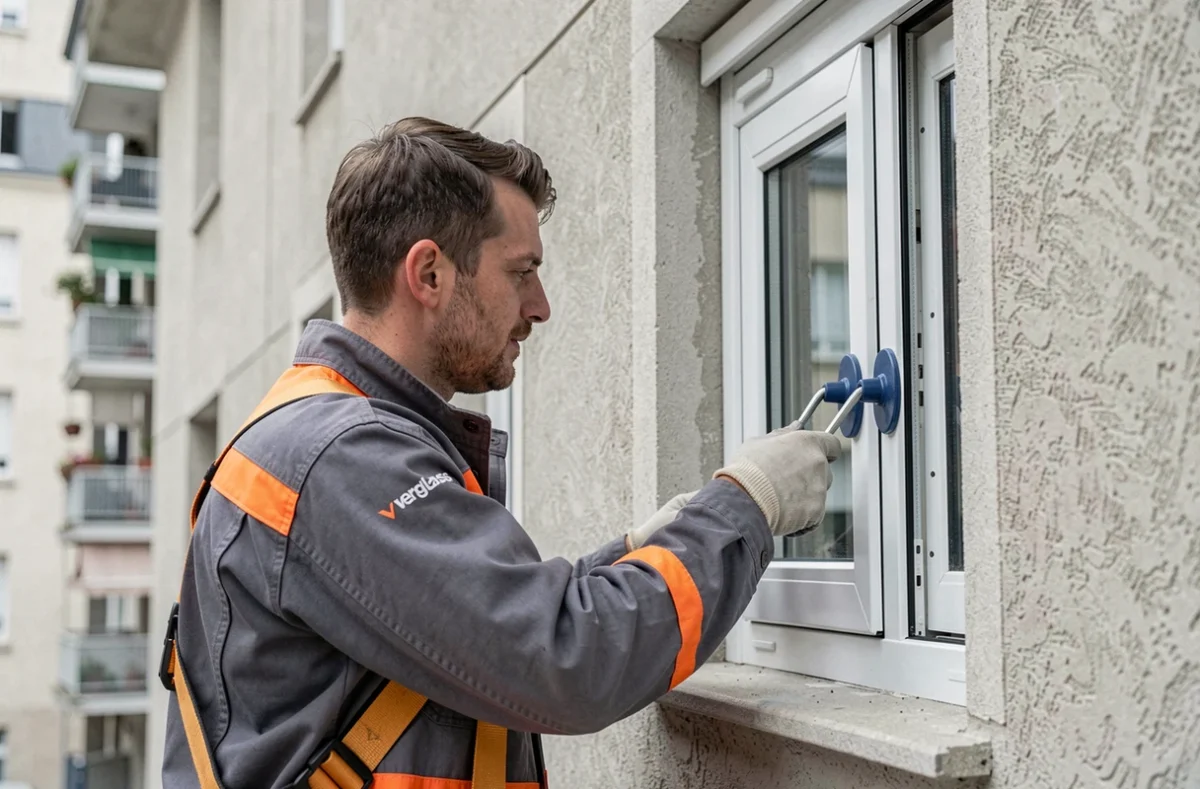 Technicien Verglass installant un double vitrage sur un immeuble r&eacute;sidentiel &agrave; Lyon