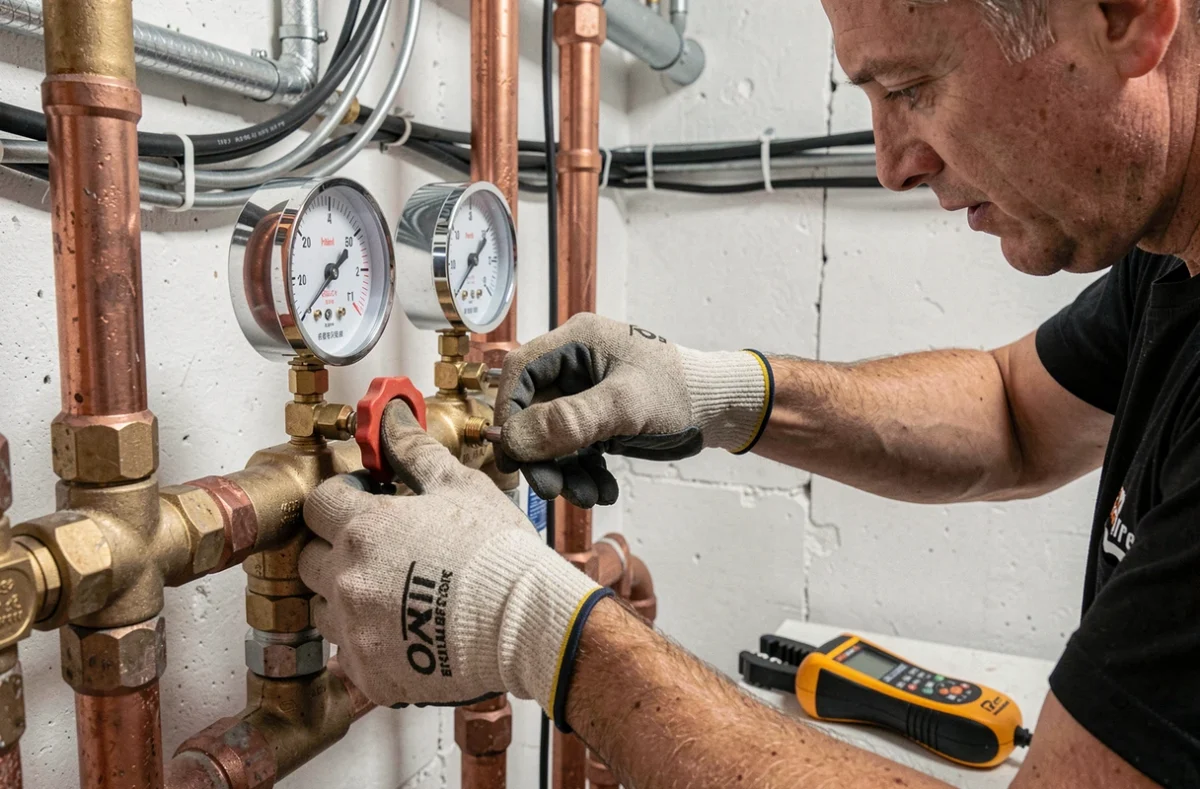 Gros plan sur les mains de techniciens v&eacute;rifiant les manom&egrave;tres et les vannes d'une pompe &agrave; chaleur g&eacute;othermique en sous-sol