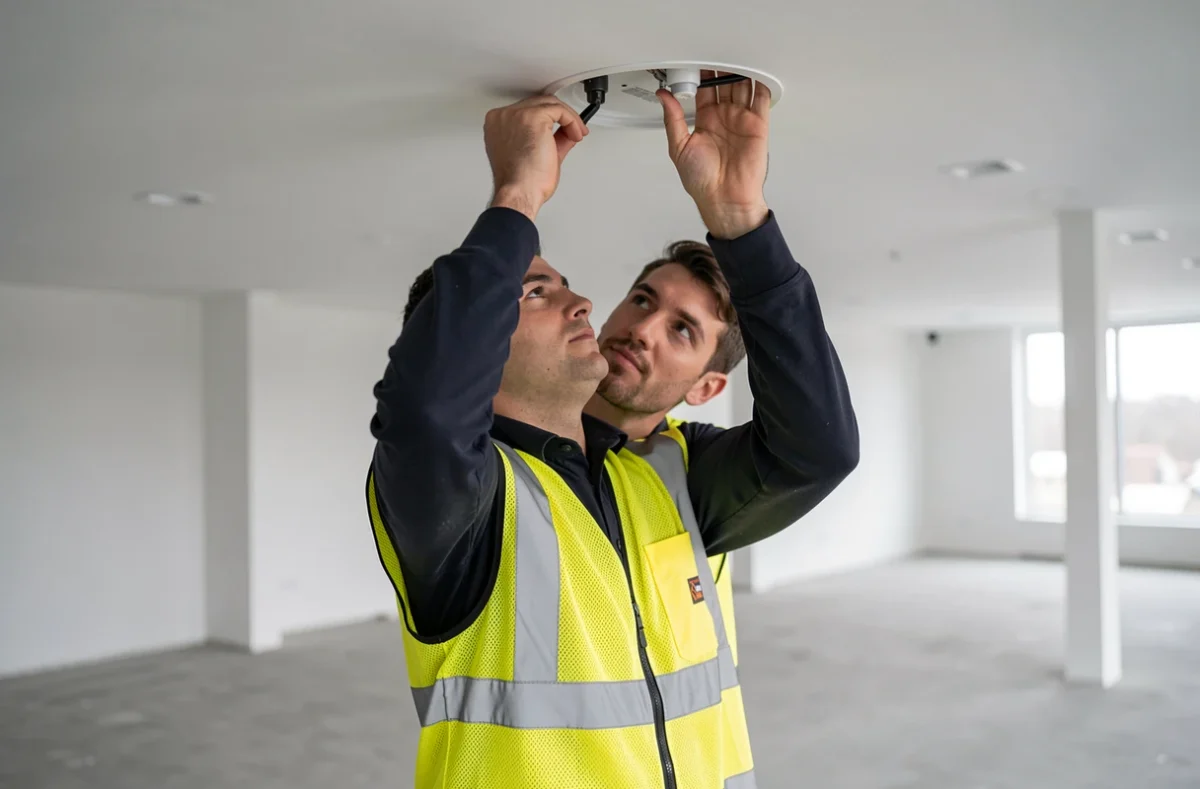 Technicien VEY &Eacute;lectricit&eacute; posant des spots encastr&eacute;s dans un local commercial en Ard&egrave;che