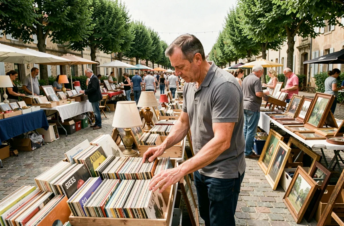 Homme feuilletant des vinyles dans un bac à un vide grenier en plein air avec de nombreux stands dans l'Ain