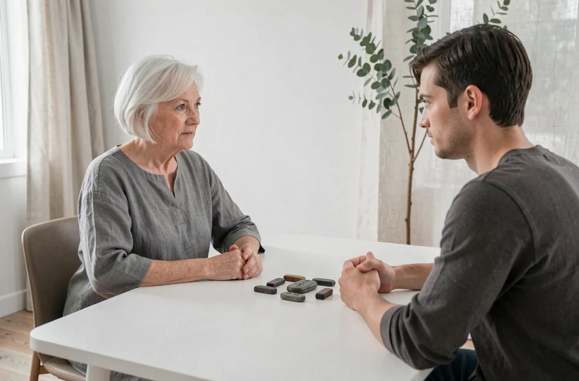 Voyante professionnelle de qualité présentant des runes à une cliente dans un espace de consultation moderne et épuré