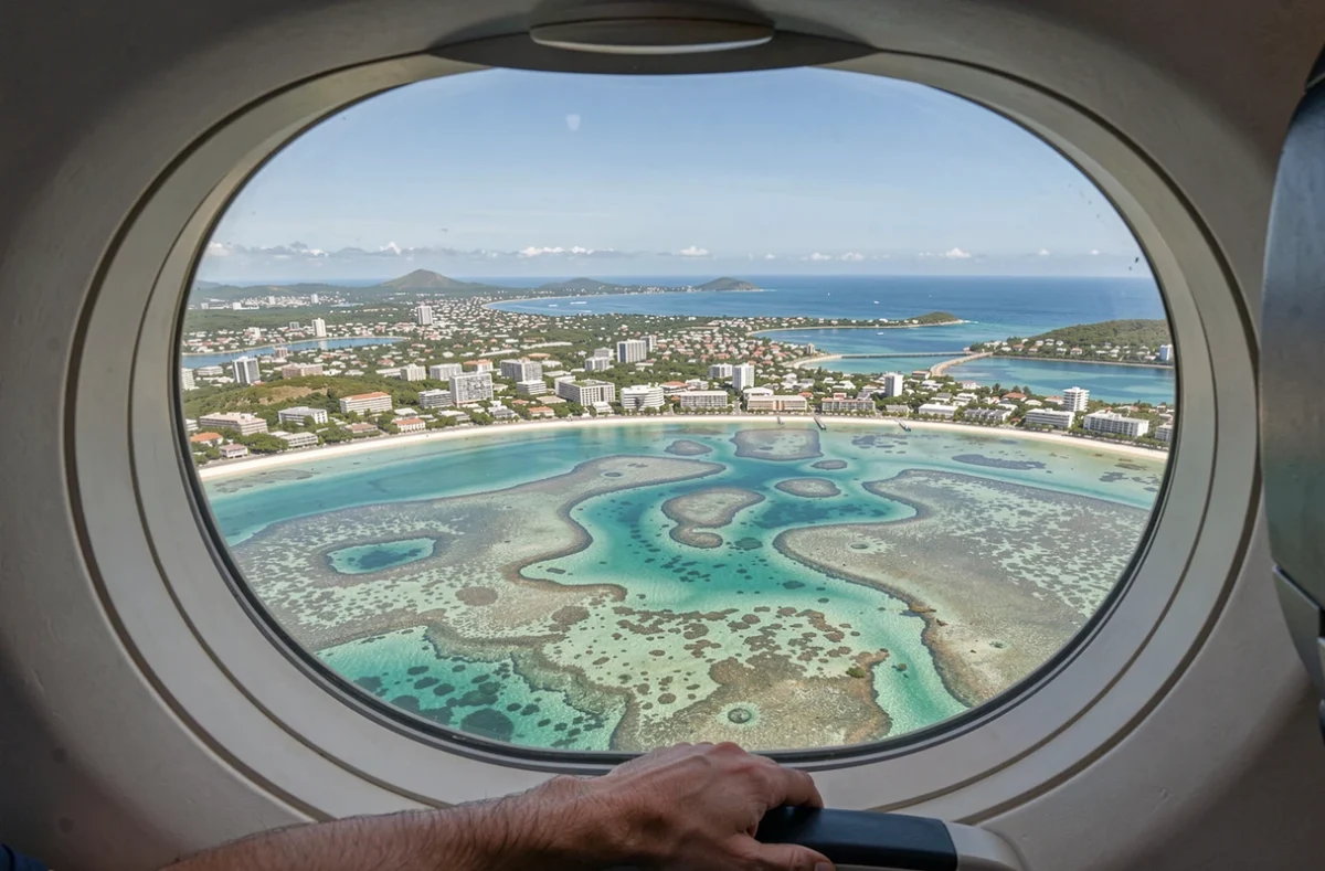 Vue aérienne du lagon de Nouvelle-Calédonie et de Nouméa depuis le hublot d'un avion en approche finale