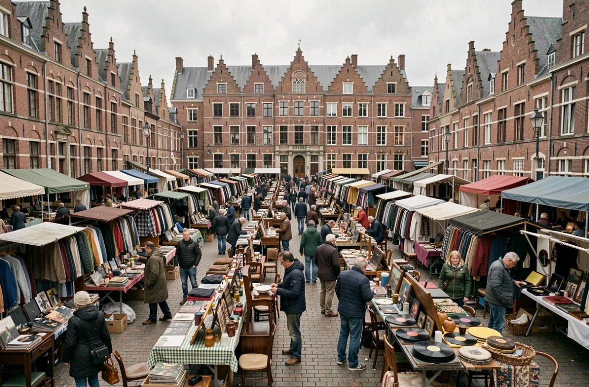 Vue panoramique d'une grande braderie en plein air sur une place de ville dans le Nord avec des stands de brocante et une architecture flamande en arrière-plan
