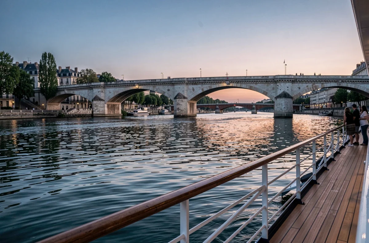 Vue depuis le pont d'un bateau de croisière sur la Garonne avec le Pont de Pierre à Bordeaux au crépuscule