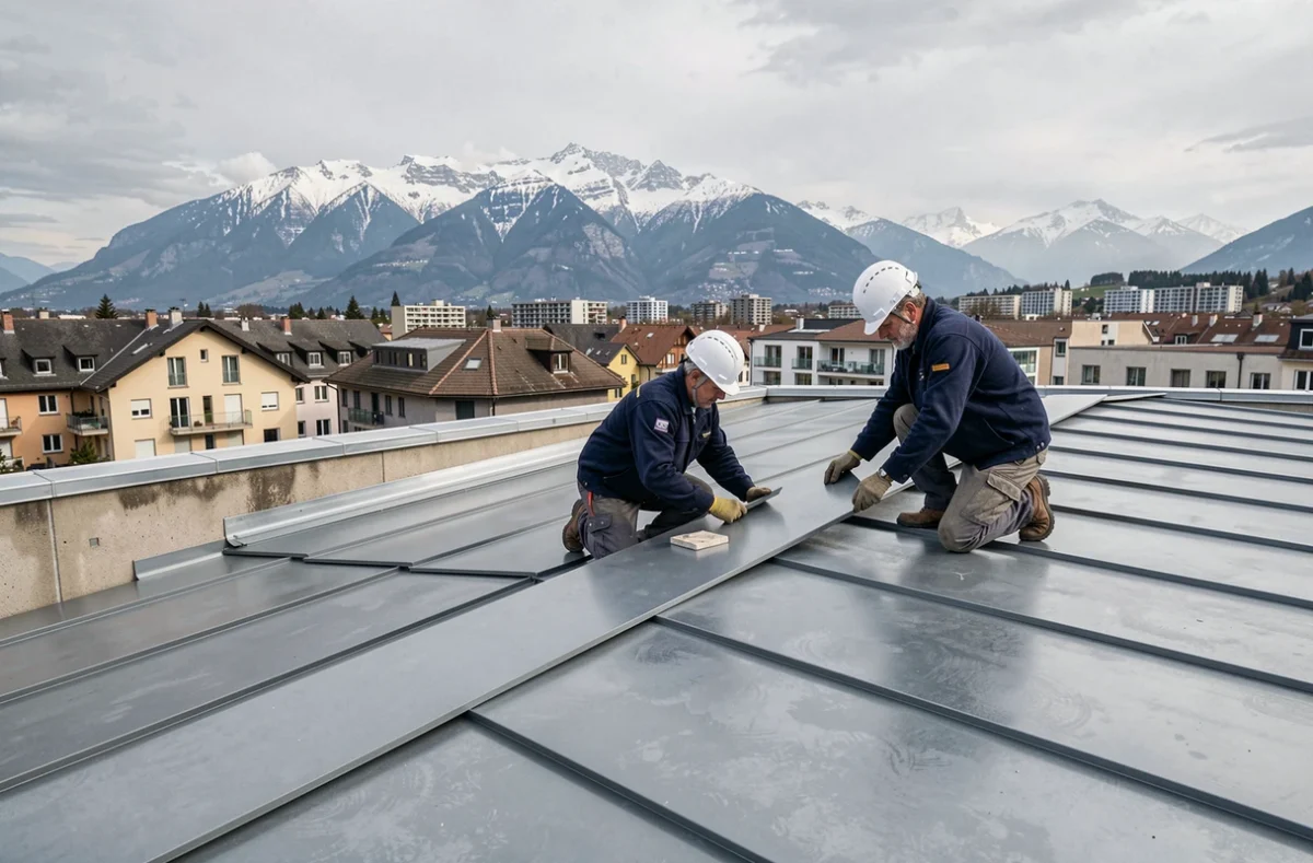 Deux couvreurs de Y2A posant des panneaux en zinc sur une toiture contemporaine avec vue sur Grenoble