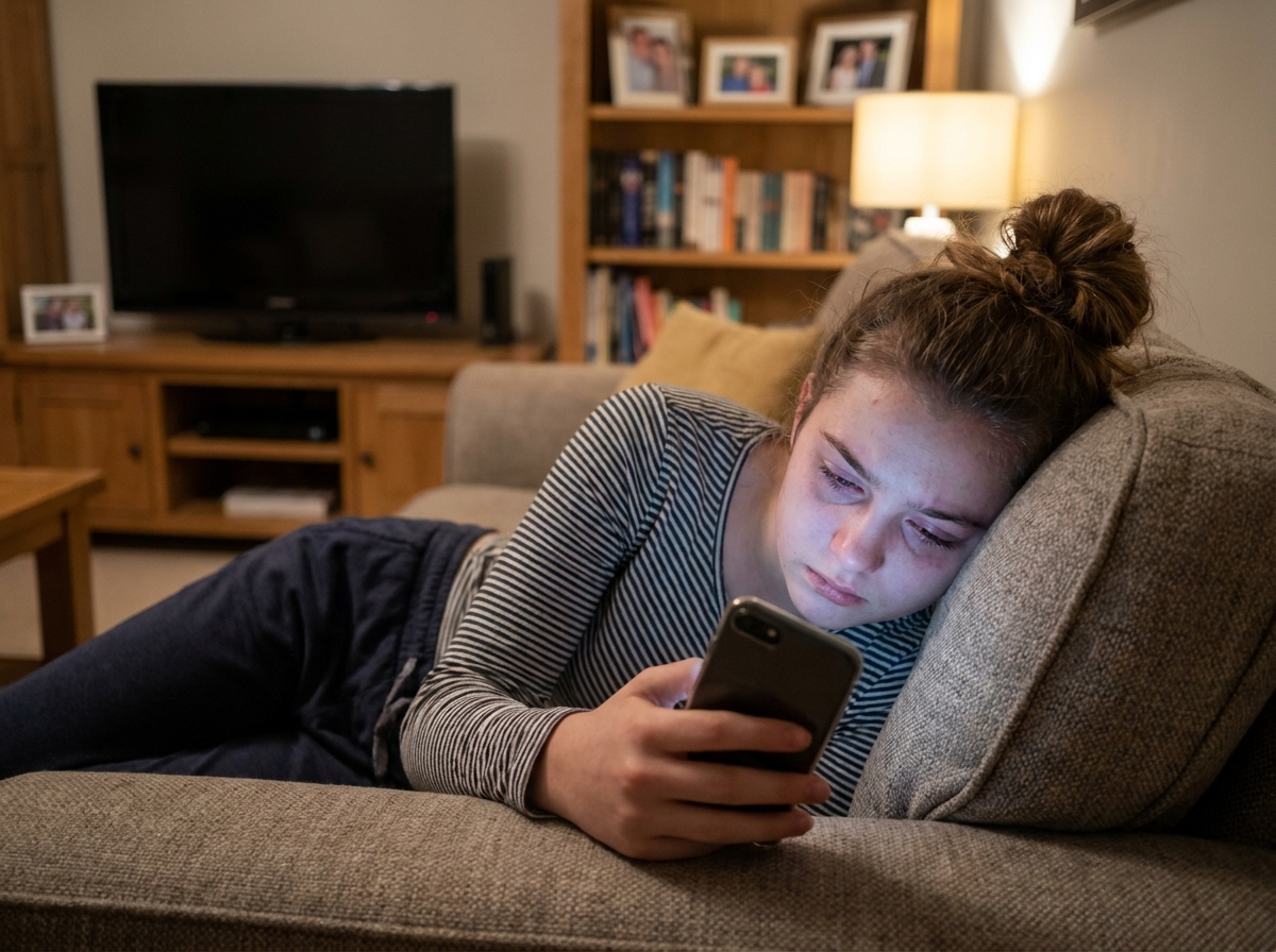 Adolescente allong&eacute;e sur un canap&eacute; le soir, yeux rouges et fatigu&eacute;s, regardant un smartphone trop pr&egrave;s du visage dans un salon familial