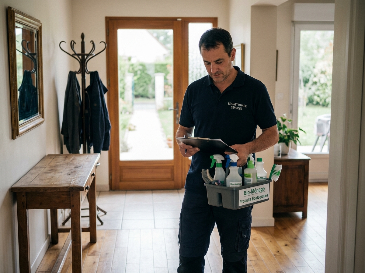Agent de m&eacute;nage professionnel Centre Services Brunoy v&eacute;rifiant sa liste de t&acirc;ches dans le couloir d'une maison particuli&egrave;re