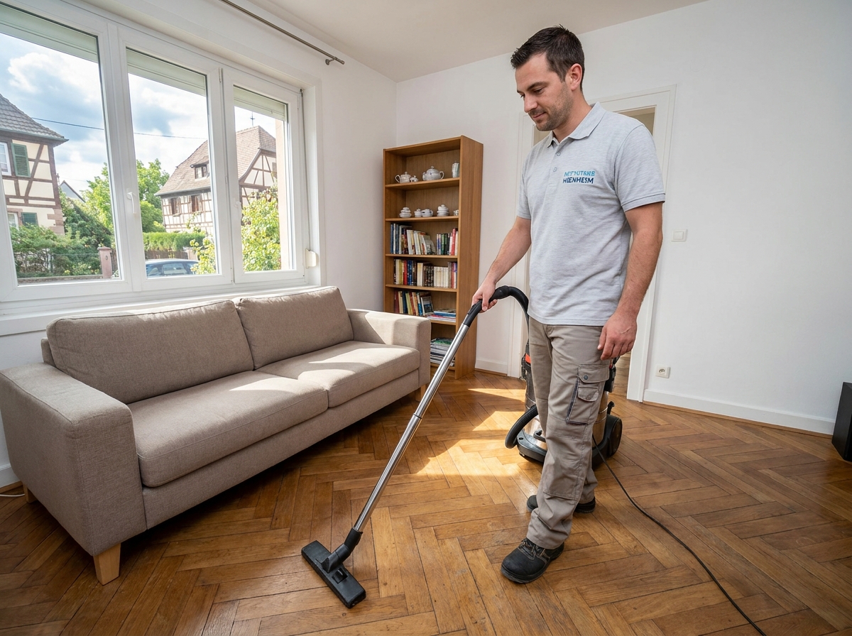 Agent de nettoyage professionnel passant l'aspirateur dans un salon d'appartement à Hœnheim