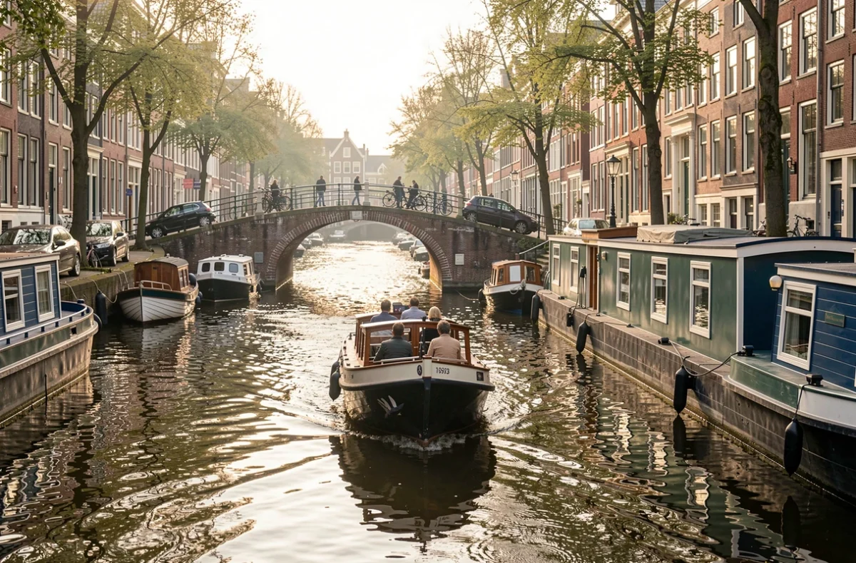 Bateau de croisière sous un pont de pierre sur un canal d'Amsterdam