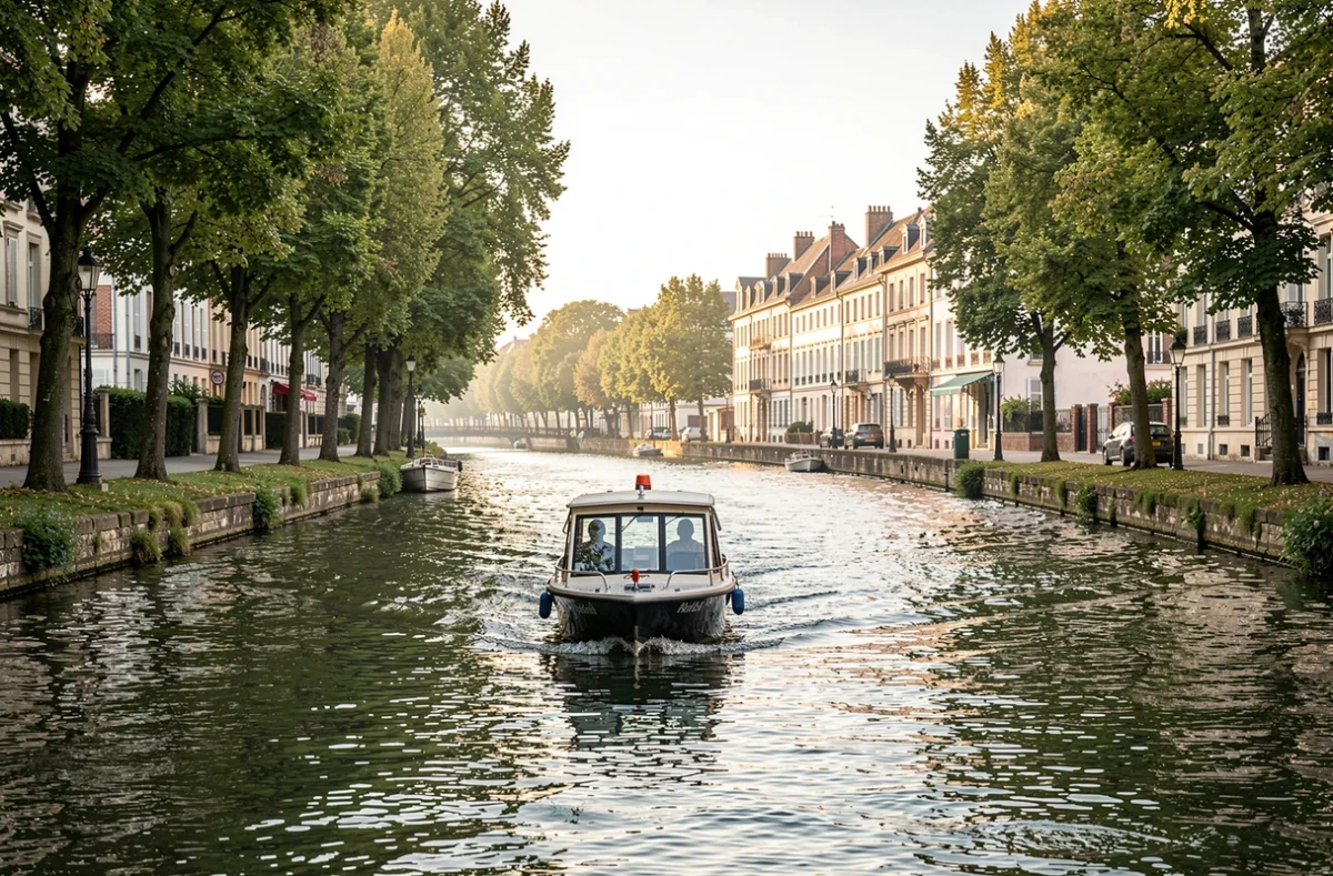 Bateau naviguant sur l'Erdre bord&eacute;e de verdure &agrave; Nantes