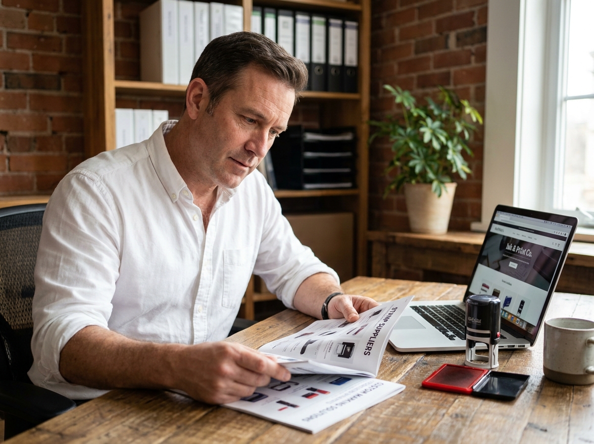 Chef d'entreprise comparant des fournisseurs de tampons encreurs dans son bureau avec catalogues et ordinateur