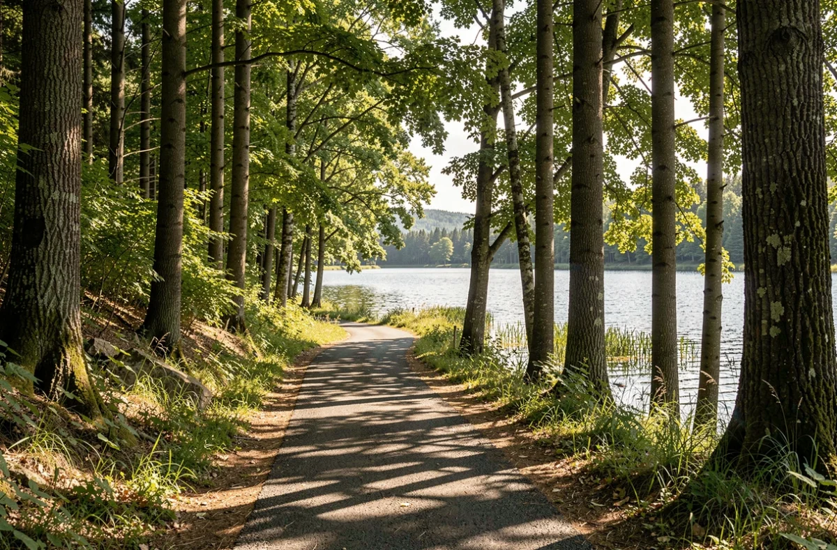 Chemin en lisi&egrave;re de for&ecirc;t entre la gare et la base de loisirs
